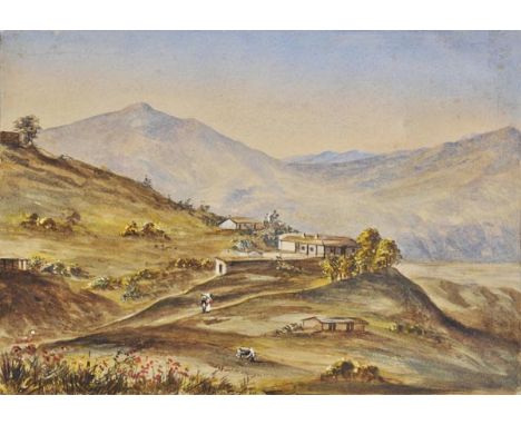 *India. A watercolour view of a West Bengal Hill Station with the Himalayas beyond, 19th century,  watercolour on paper, penc