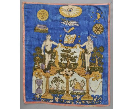 *Freemasonry. A printed silk wall hanging, circa 1870s,  depicting Adam & Eve, a beehive, a scythe, an hourglass, and various