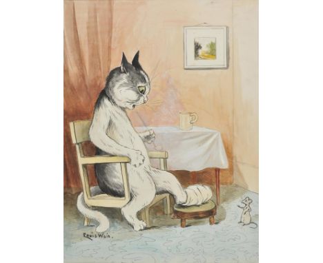 Wain (Louis, 1860-1939). Poor Man's Gout, watercolour and bodycolour, showing a grey and white cat sitting in a chair in humb