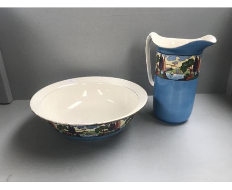 Lawleys washbasin &amp; ewer decorated in the Clarice Cliff style 