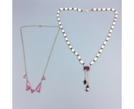 Platinon &amp; pink topaz Art Deco style necklace together with a string of freshwater pearls with Amethyst &amp; silver clas