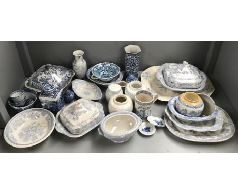 Collection of blue &amp; white pottery to include a tea caddy tureens etc 