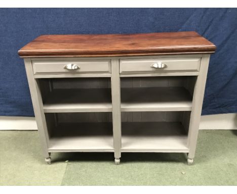 Modern 2 shelf with 2 drawers above grey kitchen unit with hard wood top 120 x 43 x 94 cm 