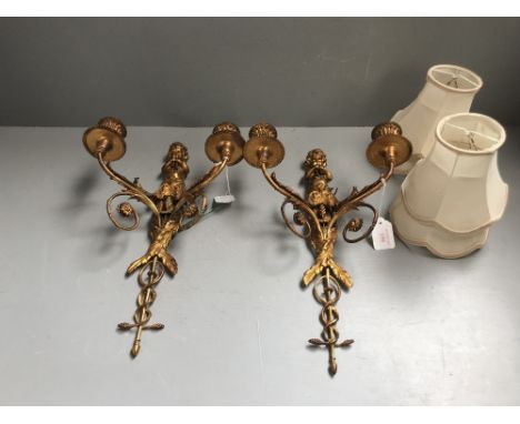 Pair of good quality gilded wall light branches decorated with pan &amp; naturalistic scroll work 