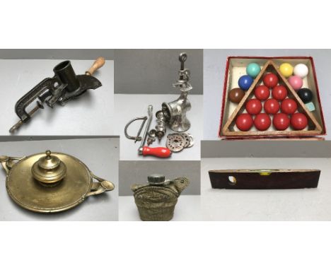 1950's Mincer &amp; a 'magic marmalade cutter', large brass inkwell, Vietnamese plastic water bottle, junior snooker balls, J