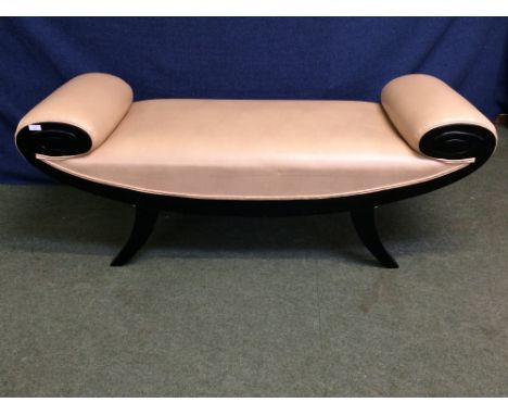 Contemporary light tan leather stool with black legs  147 cm w 