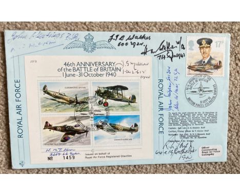 WW2 Eight Battle of Britain pilots signed 46th ann BOB cover. Includes Hew Stephen 74 sqn, J Walker 600 sqn, R Jones 64 sqn, 
