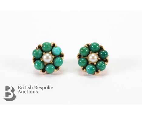 Pair of 9ct yellow gold and turquoise earrings, set with a central pearl, approx 10mm, approx 3.4 gms.&nbsp;