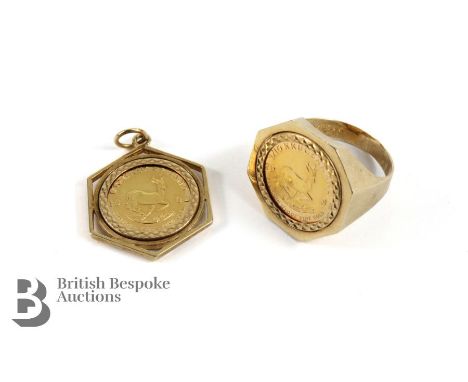 20th century 1/10th oz Kruger Rand ring and pendant. The ring size R together with a 1982 1/10th oz Kruger Rand in a 9ct gold