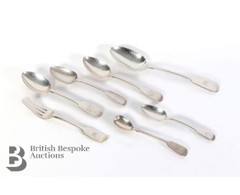 Victorian silver flatware, including silver serving spoon, three dessert spoons, one fork, mustard spoon and teaspoon, Exeter