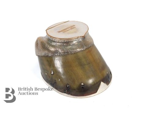 Horse hoof inkwell, mounted in silver plate, the lid of the inkwell is engraved 'Black Magic' 1920-1930. Note: The Singapore 