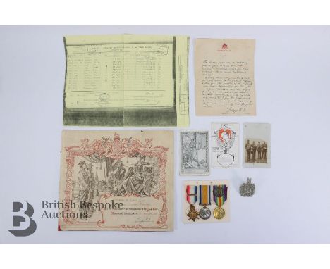 1914 trio of medals to Private R. Lynch King's Own Scottish Borderers, with a named wound and cap badge. Pte Lynch was a woun