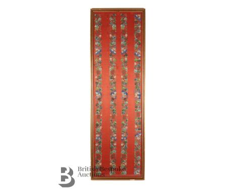Chinese silk embroidered panel, finely worked with gourd, bats and flowers, on a red ground, with a repeating motif the Chine