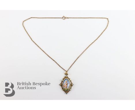 14/15ct enamel and seed pearl pendant, suspended from a 9ct gold fine chain, approx 7.13 gms. (*cr)Condition ReportOne pearl 