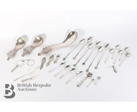 Miscellaneous silver and silver plate, including six Chinese long drink spoons surmounted with green jade, Thai silver spoons