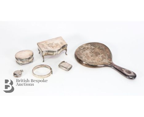 Collection of silver, including a silver ring box 7 x 10 x 5 cms; small oval trinket box 6.5 x 5 cms; silver bangle, sovereig