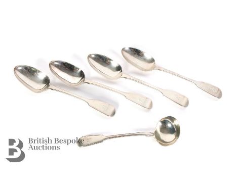 Victorian silver serving spoons, including four London hallmark, dated 1845, mm Chawner &amp; Co, engraved G approx&nbsp;&nbs