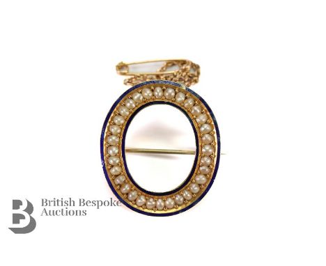 Antique 14ct yellow gold seed pearl and enamel portrait brooch, measures 28 x 25mm, 6 gms, having a yellow gold safety chain,