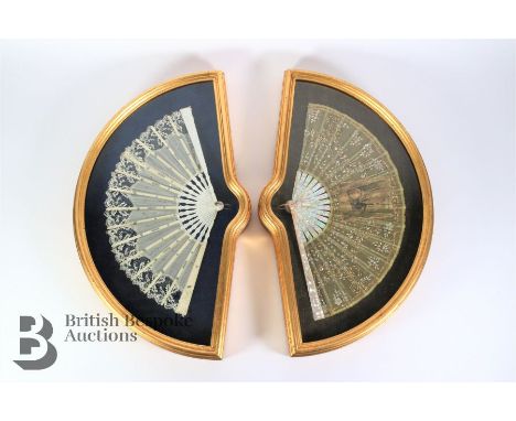 19th century organza and lace fan, the organza leaf finely worked with beaded embroidery with a central vignette figures in a