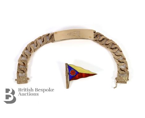 9ct yellow gold bark finish ID bracelet, engraved with a power boat flag pennant on the top plate R &amp; S Steven engraved u