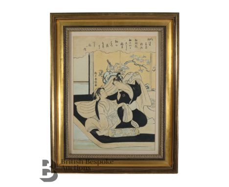 Attributed to Harunobu Suzuki (1725-1770) a colour print, young courtesan entertaining a samurai, signed Harunobu to the scre