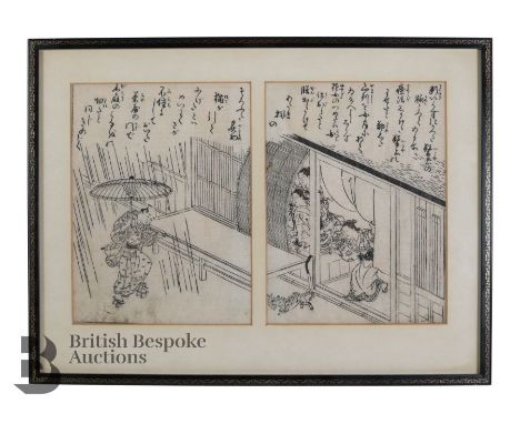 Attributed to Nishikawa Sukenobu 西川祐信 (Japan, 1671-1750), two panel scene with verse, a figure coming in from the rain whilst