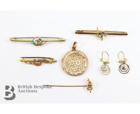 Three 9ct gold pin brooches, including aquamarine and pearl insect brooch, the insect measures 50mm, pearl and turquoise and 