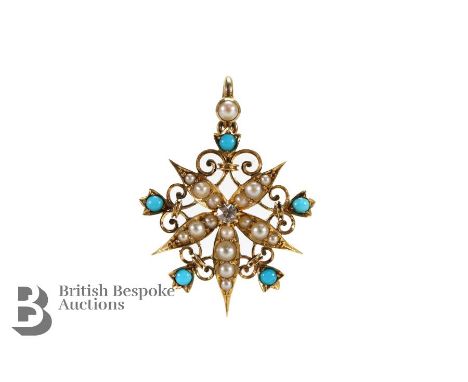 Edwardian 14/15ct yellow gold turquoise and pearl floral pendant, approx 22 x 30 mm, 3.76 gms. The pendant set with a 5 x 2.2