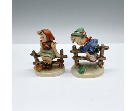 Hand painted and hand made porcelain Hummel figures of children on top of a fence. Goebel backstamps. Just Resting: HUM 112; 