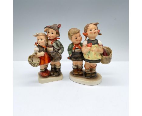 Hand made and hand painted porcelain figures of children with a basket. Goebel backstamps. Surprise: HUM 94; 3.5"L x 2"W x 5.