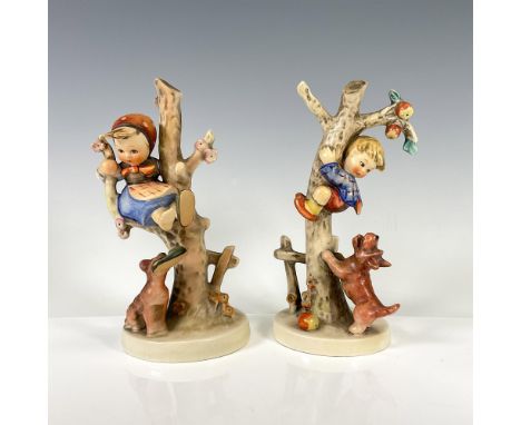 Hand painted figures of children in trees trying to escape the dog. Colored in muted browns, orange and greens. Goebel backst