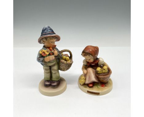 Matte finished figures holding flowers and baby chicks. Lot includes Easter Greetings 378 and Chick Girl 57. Goebel Hummel ba