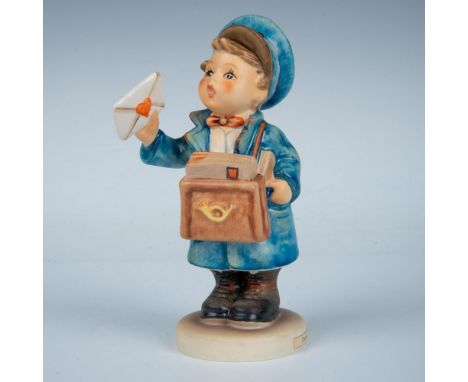 Hand painted porcelain piece in matte finish. Child in blue holding postbag and letter. Goebel backstamp. M. I. Hummel impres