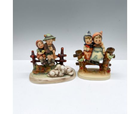 Hand painted and hand made porcelain figures of children sitting on top of the fence. Goebel backstamps. Eventide: HUM 99; 5"