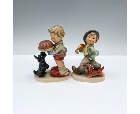 Hand painted and hand made porcelain Hummel figures of a boy with his dog. Goebel backstamps. Begging His Share: HUM 9; 4"L x