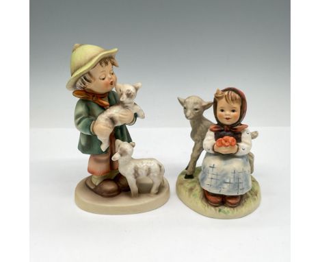 Hand painted young figures tending sheep. Lot includes Shepherd Boy 64 and Good Friends 182. Goebel Hummel backstamp. Largest