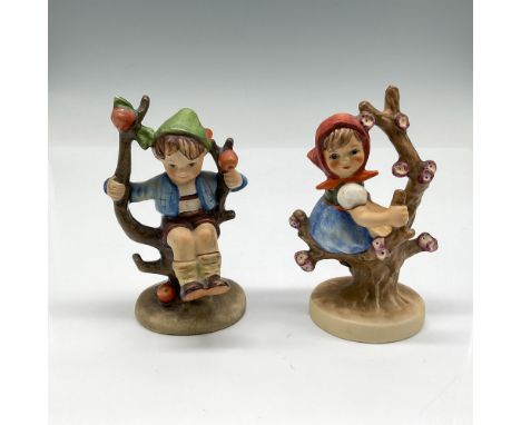 Hand painted figures sitting in trees, colored in blue, green, orange and brown. Lot includes Apple Tree Girl 141 and Apple T