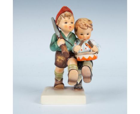 Matte finished figural of boys marching off to help. Hummel impressed mark. Goebel backstamp TMK7. Artist signed. Desert Shie