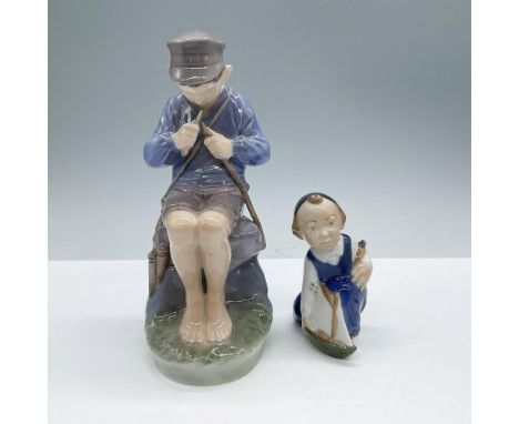 Glossy porcelain duo, includes: The Whittler or The Shepperd Number 905, a boy sitting on rocks sharpening his fishing spear.