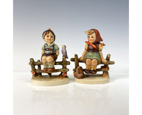 Light gloss finish on young children sitting on fence post. Goebel backstamp and Hummel impressed mark. 111 Harmony. 112 Just
