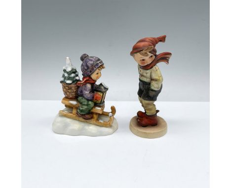 Hand made and hand painted porcelain Hummel figures of children in the cold winter. Goebel backstamps. Ride Into Christmas: H