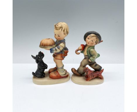 Hand painted and hand made porcelain Hummel figures of a boy with his dog. Goebel backstamps. Begging His Share: HUM 9; 4"L x
