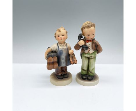 Hand painted and hand made whimsical German figures of a boy hold shoes and another on the phone. Goebel backstamps. Boots: H