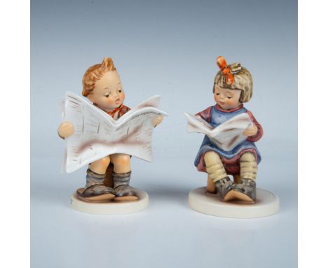 Hand painted and hand made figures of a seated girl and boy reading a newspaper. Goebel backstamp. What's New?: 3.5"L x 3"W x