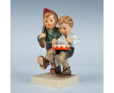 Matte finished figural of boys marching off to help. Hummel impressed mark. Goebel backstamp TMK7. Artist signed. Desert Shie