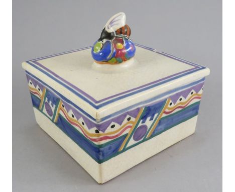 An early twentieth century Carter, Stabler, Adams Poole Pottery lidded honey box, c. 1924. It is decorated with a geometric p