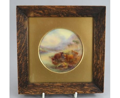 A Royal Worcester signed plaque in frame with paper label for a Worcester framer. The scene depicts highland cattle in a land