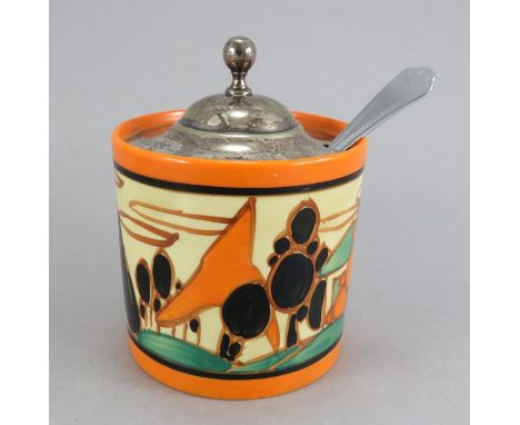 An early twentieth century Art Deco Wilkinson Pottery Clarice Cliff Fantasque lidded jam pot with EPNS lid and metal spoon c.