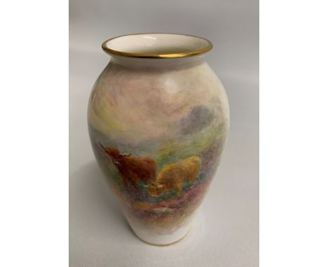 A Royal Worcester Vase, painted with Highland Cattle  Signed by  Harry StintonShape  G461Date 20th century  Black MarkSize  1
