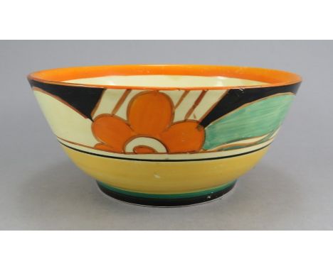 An early twentieth century Art Deco Wilkinson Pottery Clarice Cliff Fantasque bowl, c. 1930. It is hand-painted with geometri